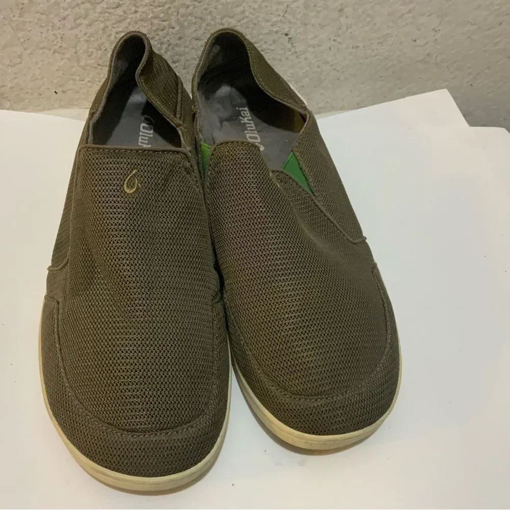 Men's OluKai Nohea Mesh Mustang/Lime Peel Slip On Shoes Loafers
